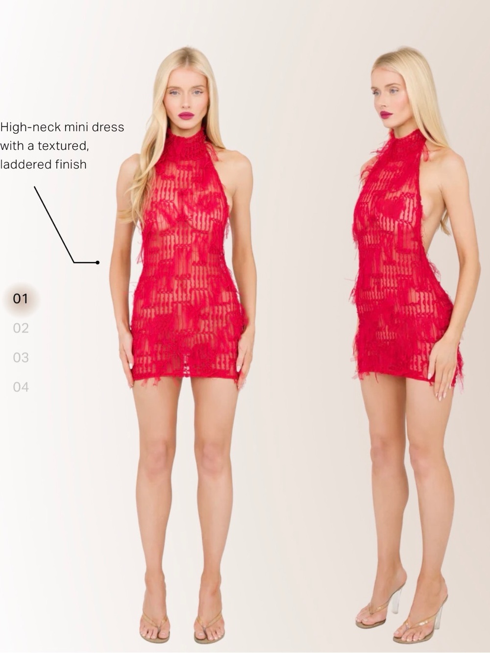 High-Neck Red Textured Mini Dress